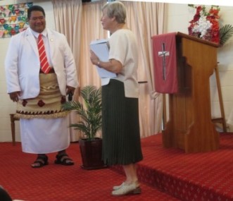 Judy Pope presentation to Rev Moala